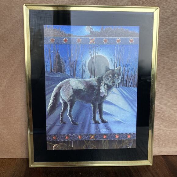 Wolf Feather Moon #4202 Lenticular Holographic Dufex Foil 8x10 Framed Art VTG - Picture 1 of 7